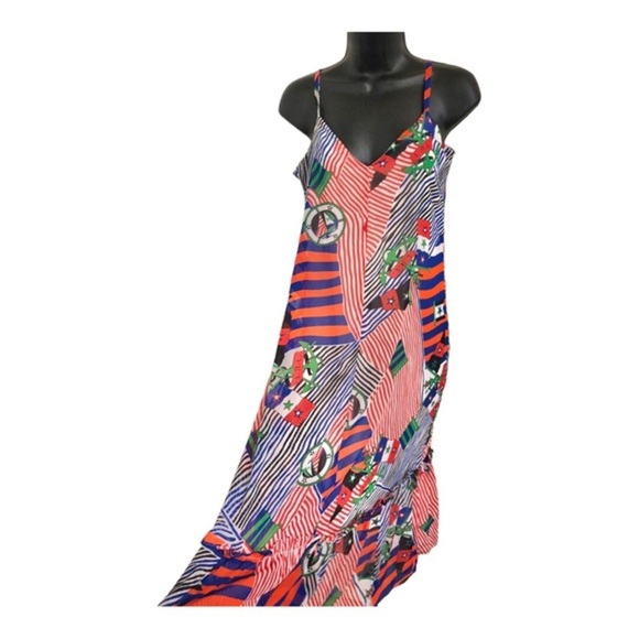 Lauren Ralph Lauren red nautical Print v-neck a-line swing style Georgette dress - Picture 1 of 17